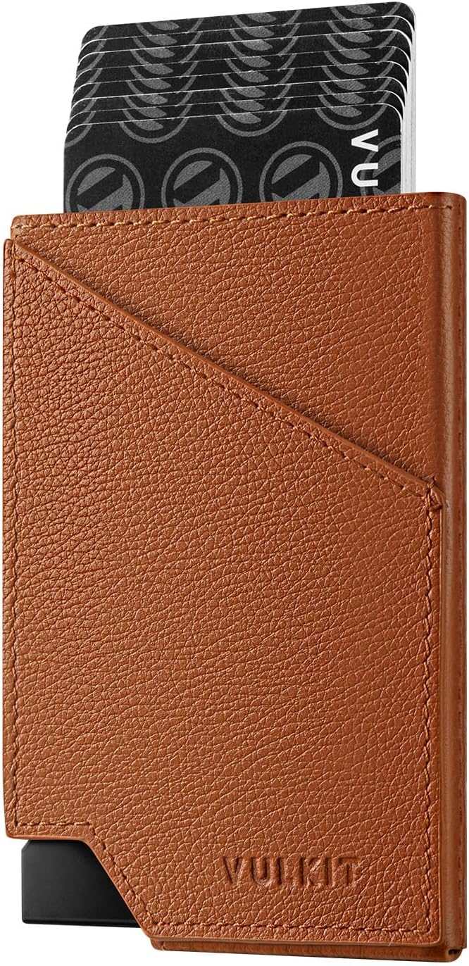 VULKIT Pop up Card Wallet Genuine Leather RFID Blocking Slim Aluminum Metal Bank Card Holder Case with Business Money Pocket for Credit Cards Notes and Coins Brown