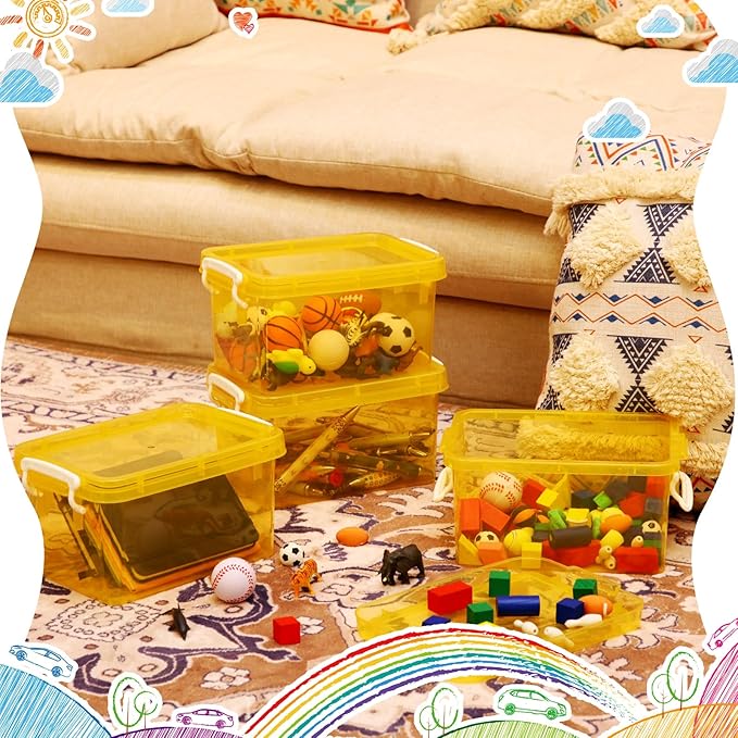 Wenqik 6 Pack Colorful Plastic Storage Bins with Lids 4 Quart Small Storage Latch Box Stackable and Nestable Clear Organizer Bins with Latching Handle and Buckle for Organizing(Yellow)
