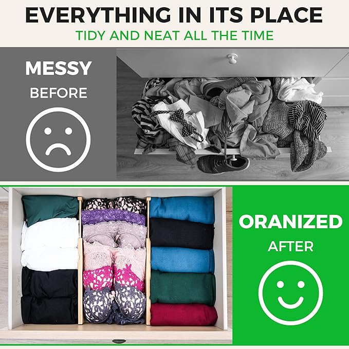 4 Pack Bamboo Drawer Dividers Organizer with Inserts 2.6'' High, Expandable from 12.5-21.7", Adjustable Drawer Organizer Separators for Utensils, Clothing, Office, Dresser, Bedroom, (Beige)