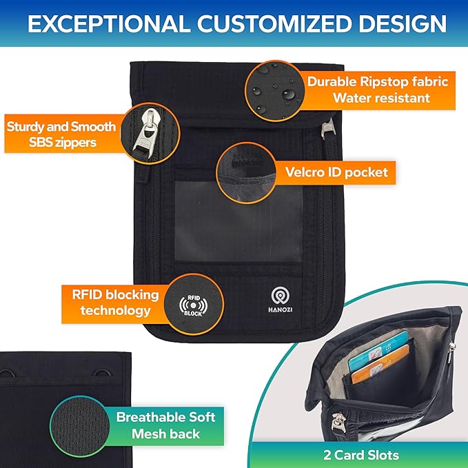 Travel Neck Wallet – Travel pouch and RFID Blocking Passport Holder for Women and Men - Slim Travel Wallet to Keep Your Cash, Passport, Credit Cards Safe.