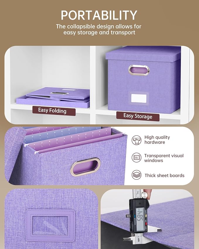 Oterri 2 Pack File Storage Organizer, Filing Box, Portable File Box with Lid, Fit for Letter/Legal File Folder Storage, Document Organizer, Lavender