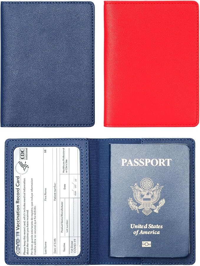 2 Pack Passport Covers & Vaccine Card Holder, Blue & Red | PU Leather, Passport Wallet, Vaccine Case Protector, For Women & Men