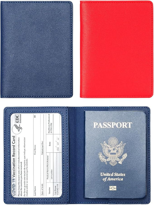 2 Pack Passport Covers & Vaccine Card Holder, Blue & Red | PU Leather, Passport Wallet, Vaccine Case Protector, For Women & Men