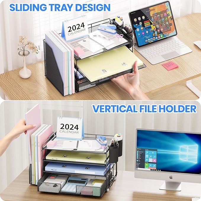 OPNICE Desk Organizer, 4-Tier Desktop File Organizer with Drawer and 2 Pen Holders, Office Desk Accessories, File Sorters, Workspace Organizers for Office Supplies(Black-2pack)