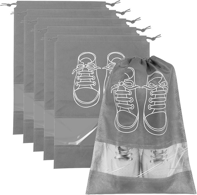6 Pcs Travel Shoe Bags, Waterproof Non-Woven Shoe Storage Organizers with Drawstring Portable Packing Pouches for Suitcase Dark Grey Foldable Shoes Covers(12.6x17.32 Inch)