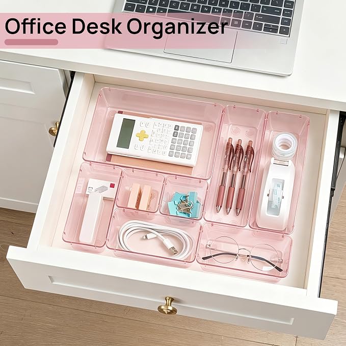 Vtopmart 25 PCS Plastic Drawer Organizers Set, 4-Size Versatile Bathroom and Vanity Drawer Organizer Trays, Storage Bins for Makeup, Bedroom, Kitchen Gadgets Utensils and Office