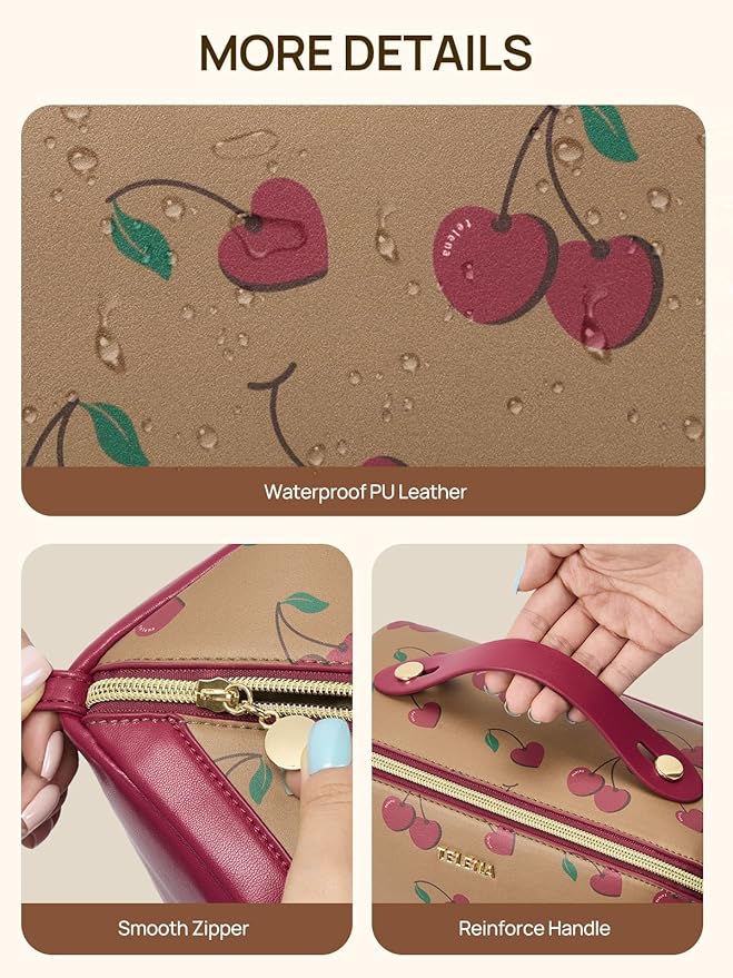 Telena Leather Make Up Bag Portable Travel Makeup Bag Waterproof Cosmetic Bags for Women Large Capacity With Handle and Divider Open Lay Flat