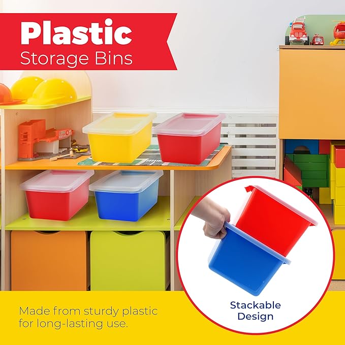 4E's Novelty Plastic Storage Bins with Lids, 5 Qt, 3 Pack, Colorful Plastic Cubby Storage Bins, Stackable Organizer Cubbies for Classroom Organization and Storage or Home (11.4" x 7.75" x 5")