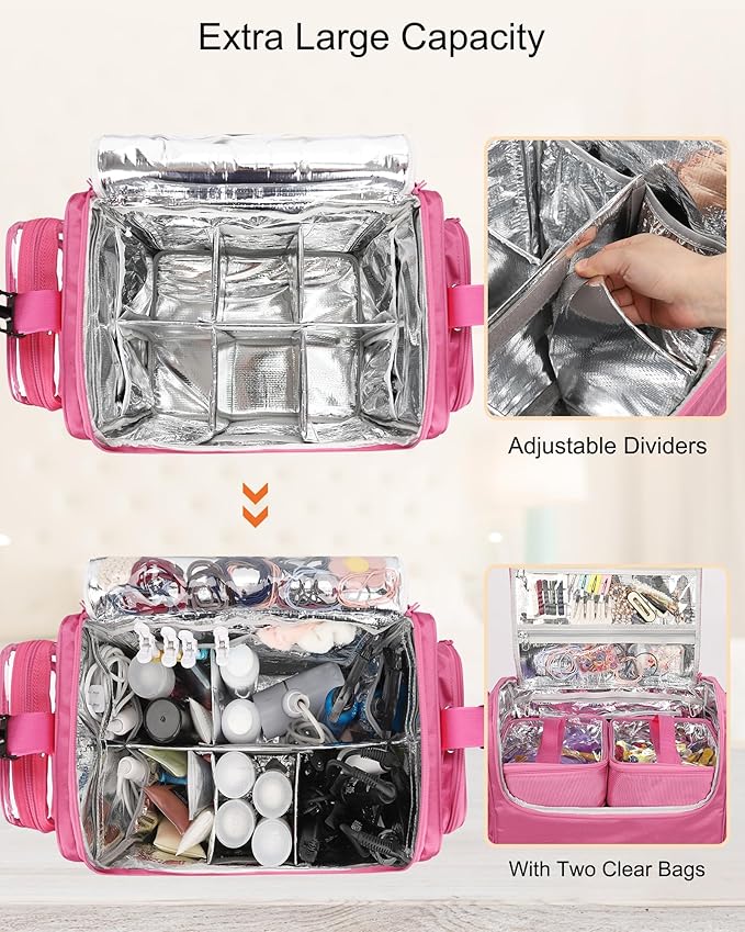 Relavel Rolling Makeup Train Case, Hairstylist Traveling Bag with 4 Wheels, Heat Insulation Full Layer, Adjustable Dividers, Hair Tools and Cosmetics Storage Organizer Trolley Suitcase, Rose Pink