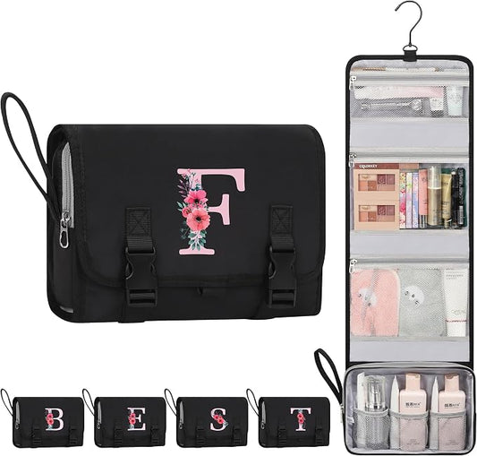 Relavel Travel Toiletry Bag for Women, Initial Hanging Makeup Bag with Compartments, Personalized Friendship Gifts for Friends, Printed Toiletry Pouch Cosmetic Organizer for Necessaries - Black F