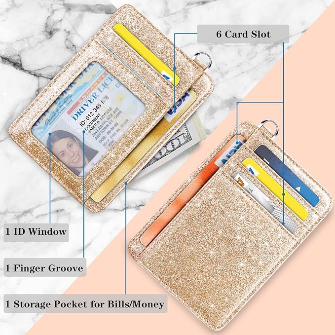 Coco Rossi Slim Front Pocket Wallet RFID ID Card Holder Cute Small Wallet with Keychian for Women,Champagne Gold Glitter