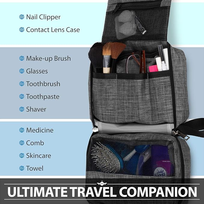 Fosmon Hanging Travel Toiletry Bag, Compact Travel Organizer | Water-resistant nylon, multiple pockets for toiletries/makeup, lightweight, ideal for men/women, shower and travel use.