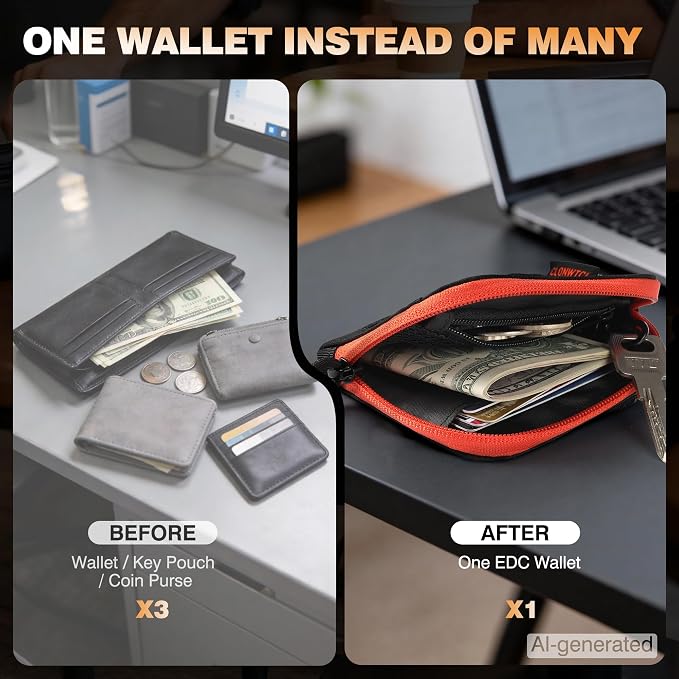 Coin Purse for Men, RFID Blocking 500D Nylon Small Wallet with Key Clip, Slim Front Pocket Card Holder, Zipper Coin Pouch & ID Window Organizer for Cards, Cash