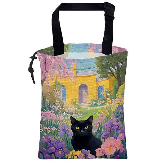 Floral Black Cat Car Trash Bag Vintage Spring Garden Hanging Canvas Car Trash Bag Waterproof Drawstring Car Back Seat Organizer for Car Back Front Seat Console with Adjustable Buckle