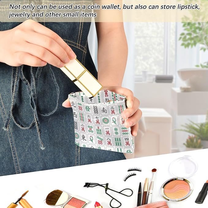 Mahjong Women's Waterproof PU Leather Coin Purse, Slim Travel Wallet with Zipper - Compact Card Holder & Jewelry Organizer for Cash, Keys, Lipstick