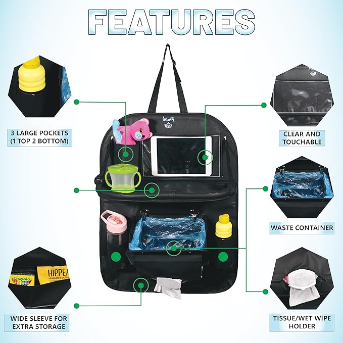 Car Backseat Organizer with Built-in Foldable Tray | Double Layered Leather, Waterproof Car Seat Organizer with Pockets | Easy Installation, Perfect for Family Trips and Daily Use