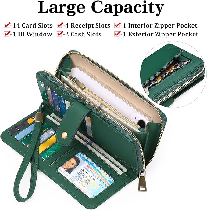 GAEKEAO Wallet for Women Clutch RFID Blocking Wristlet Leather Purse Large Capacity Credit Card Holder with Grip Hand Strap