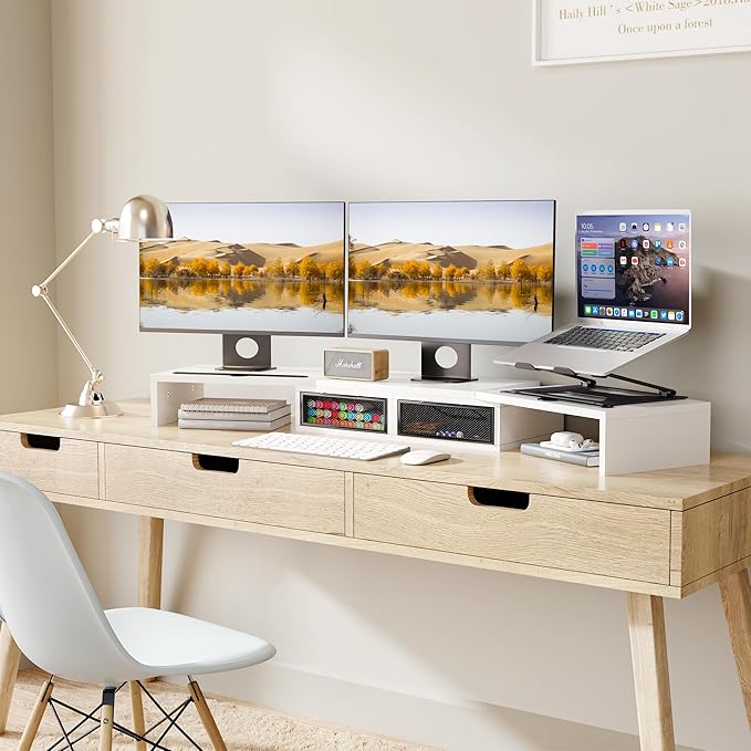ZIFTY Dual Monitor Stand Riser for 3 Monitors, Desk Organizer with 2 Drawer and Smartphone Holder, Adjustable Length & Angle Workspace Organizers for Monitors Laptop Printer Computer, White