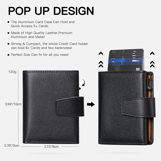 SENDEFN Wallet for Men Pop Up Wallet with Coin Pocket Credit Card Holder With ID Window RFID Blocking Leather Wallet Men's Card Case Minimalist Design