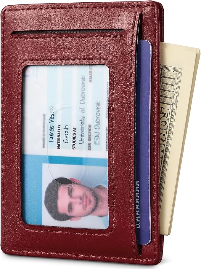 Travelambo 100% Genuine Leather Wallet for Men and Women, Slim Minimalist RFID Blocking Front Pocket Credit Card Holder with Gift Box(Red 963)