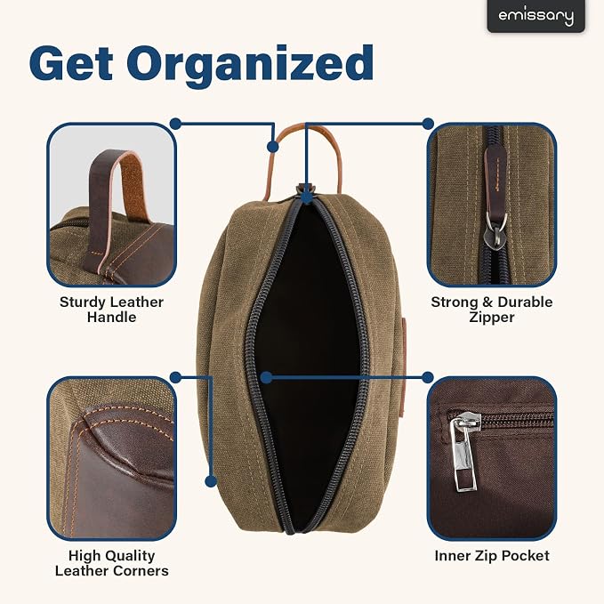 emissary Men's Canvas Travel Toiletry Bag, Leather Dopp Kit - Brown | Durable canvas & PU leather, water-resistant lining, side handle; roomy men's Dopp kit for travel & gym