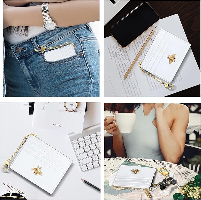 SEAVILIA Card Holder Keychain Wallet for Women with ID Window RFID Coin Purse Bee Gifts Slim Minimalist Small Wallet