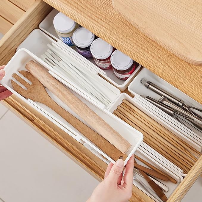 4 PCS Expandable Drawer Organizer, Adjustable Drawer Organizer Trays, Drawers Dividers Organizers and Storage For Office Supplies, Pens, Makeup,Utensils, Tools, Flatware and Junks, White