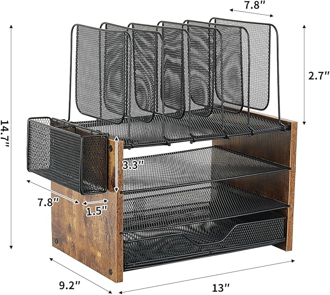 OPNICE Desk Organizer, 4-Tier Desktop File Organizer with Drawer and 2 Pen Holders, Office Desk Accessories, Workspace Organizers for Office Supplies(Brown Wood)