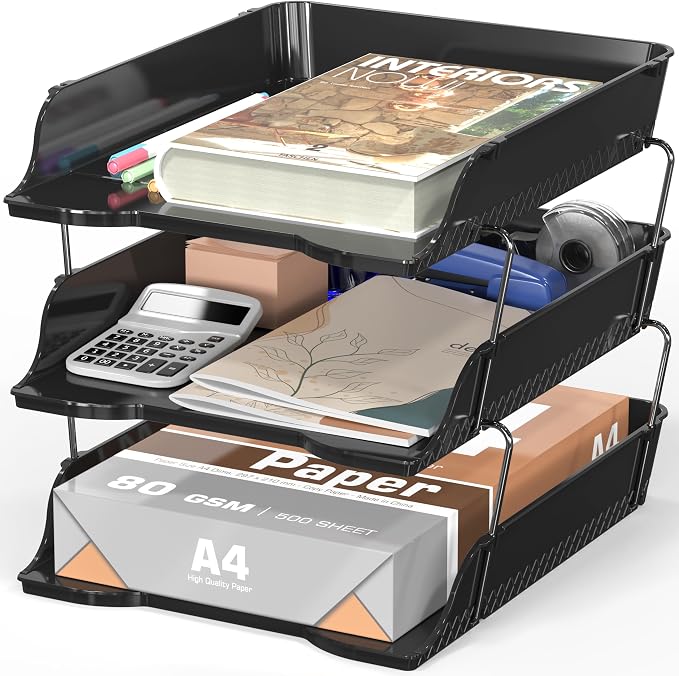 Simple Houseware 3-Tier Stackable Document Letter Tray Paper Organizer - Desk Organizer for A4/Letter Size Documents, File Sorter, Paper Holder, Office Desktop File Storage, Black