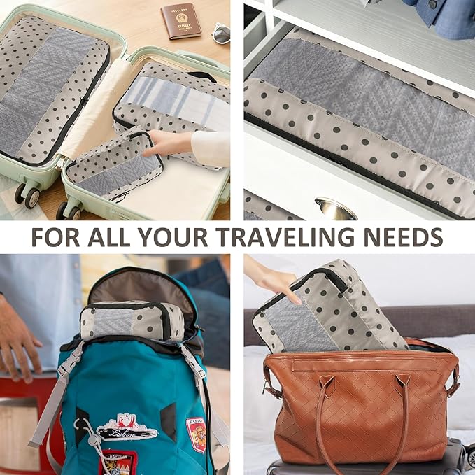 U+U 5 Set Packing Cubes for Travel Essentials Ultralight Luggage Packing Organizers with Laundry Bag and Shoe Bag for Vacation, Business Trip and Camping (Brown Polka Dot)