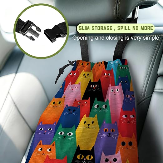 Car Trash Bag Abstract Colorful Cartoon Cats Hanging Drawstring Car Organizer and Storage Bag with Adjustable Buckle Canvas Garbage Bin for Back Seat or Hanging Headrest Road Trip Essentials