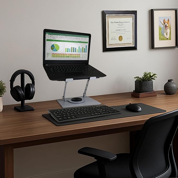 ENHANCE R1 Rotating Laptop Stand with 3 Cable Holders - Adjustable Laptop Riser for Desk, Metal Foldable Laptop Stand, Laptop Cooling Holder Compatible with Dell, Apple, Lenovo Laptops, More - Silver