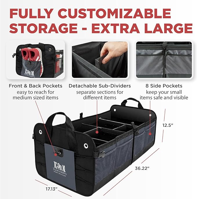 TRUNKCRATEPRO XL Heavy-Duty Trunk Organizer – Reinforced SUV & Truck Cargo Storage with 6 Adjustable Compartments, Non-Slip Base & Securing Straps (Foldable Design, Grey)