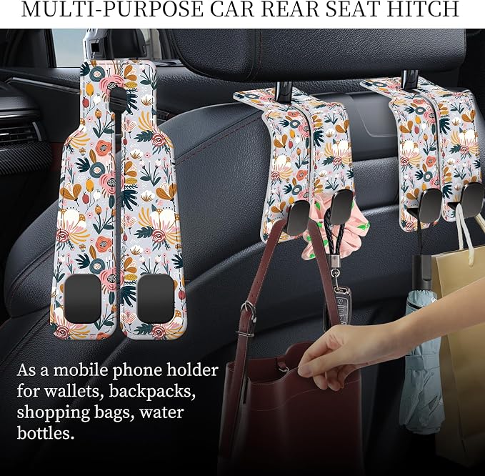 PU Leather Car Seat Hook, Storage Headrest Hanger, Cute Car Backseat Organizer, Car Hooks For Purses and Bags White Cute Floral