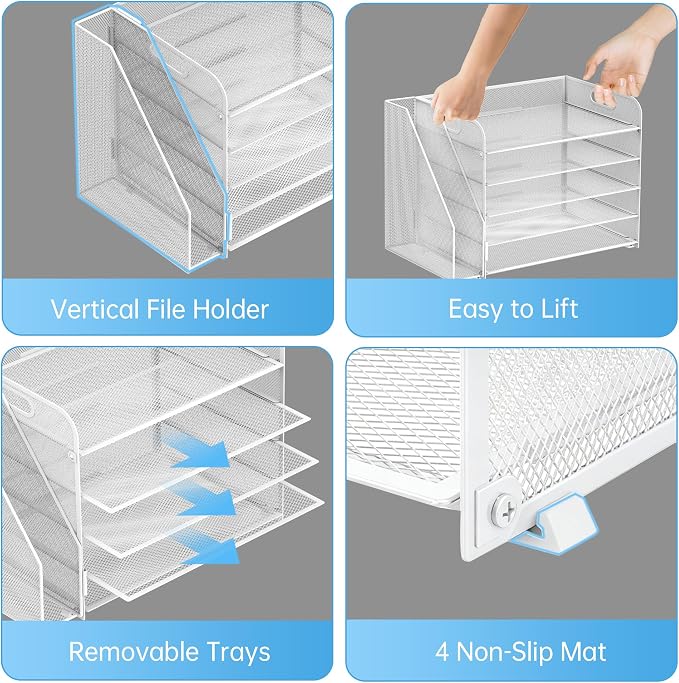 SUPEASY 5-Tier Desk Organizer with File Holder, Desk Organizers and Accessories, Paper Organizer for Desk, Mesh Desktop File Organizer, Workspace Organizers for Office School Home, White