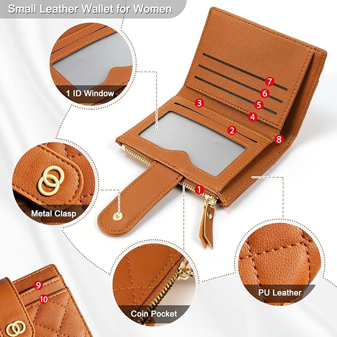 Avando Small Wallet For Women- Credit Card Holder Wallet For Women Girls- Zipper Small Bifold Wallet Mini Coin Purse With ID Window (Khaki)