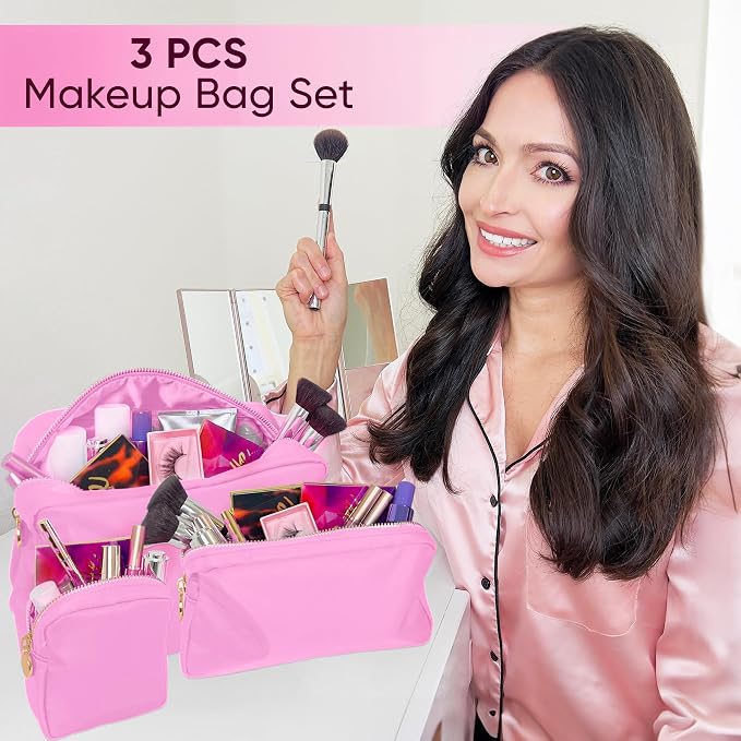 DANCOUR 3-Piece Makeup Bag Set in Light Pink – Mini, Small & Large Cosmetic Pouches for Women & Girls, Cute Travel Toiletry Organizer Set, Stylish Makeup Bag Trio for Purse or Travel