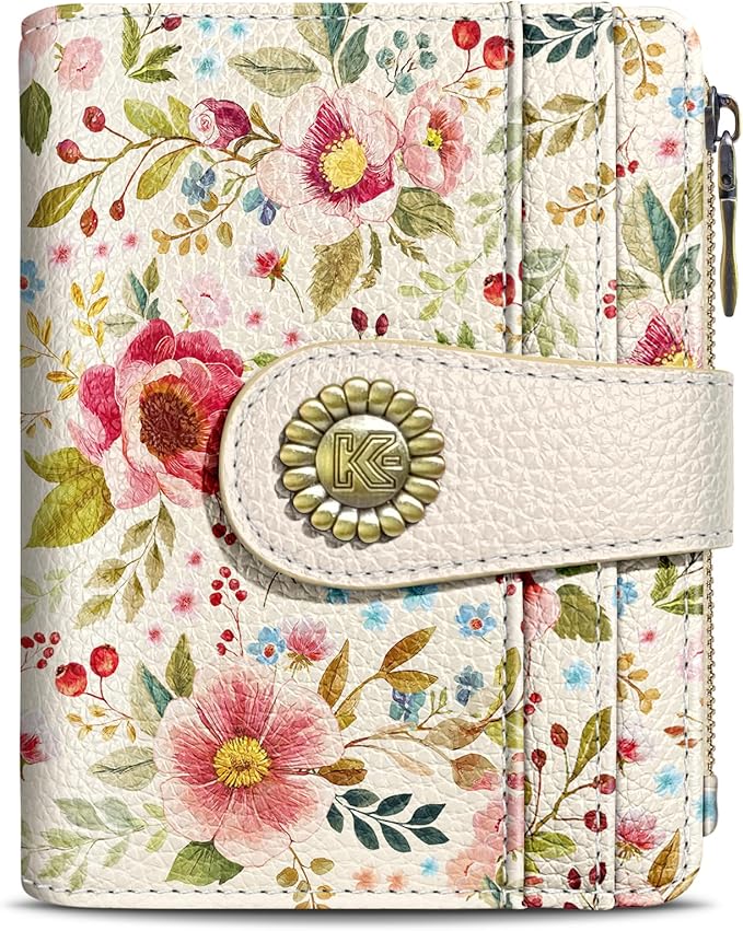 Kelvoris Red Flower Floral Small Rfid Women Wallet Bifold Zipper Coin Pocket PU Leather Compact Cash Credit Card Holder Travel Wallet for Female Ladies Teen Girls 1 ID Window 10 Card Slots