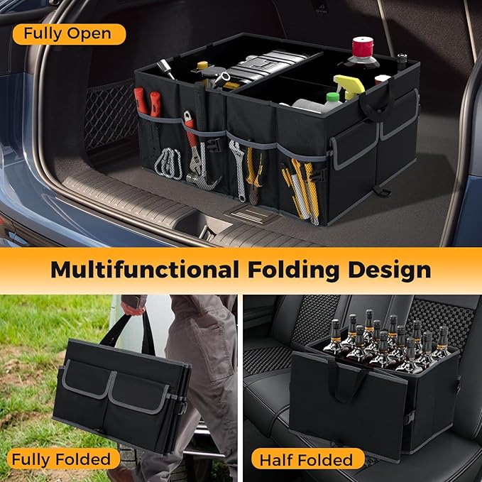 Car Trunk Organizer, 13 Gallon Collapsible Cargo Storage Box with Removable Divider & 6 Pockets, 3-Compatment Trunk Container with Securing Straps & Non-Slip Bottom for SUV, Sedan