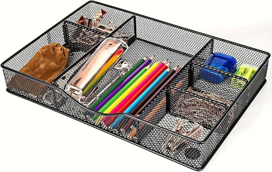 VyGrow Desk Drawer Organizer Tray, Metal Mesh Drawer Organizers Office, 6 Adjustable Compartment, Desk Organizer Tray for Home Office 12.87L x 8.73D x 1.96H inch, Black, 1PC Medium