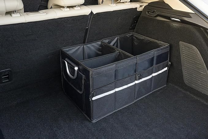 Trunk Organizer With Lid,Medium,Black 55L,For SUV Car Truck,Collapsible Waterproof Oxford Fabric,Portable Multipurpose sorting,3-Compartments with Aluminium Alloy Handle