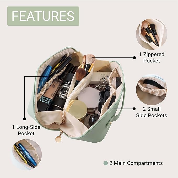 Personalized Travel Makeup Bag, Large Capacity Cosmetic Bags for Women, PU Leather Water-Resistant Portable Pouch Open Flat Toiletry Bag Make up Bag with Divider and Handle (Green)