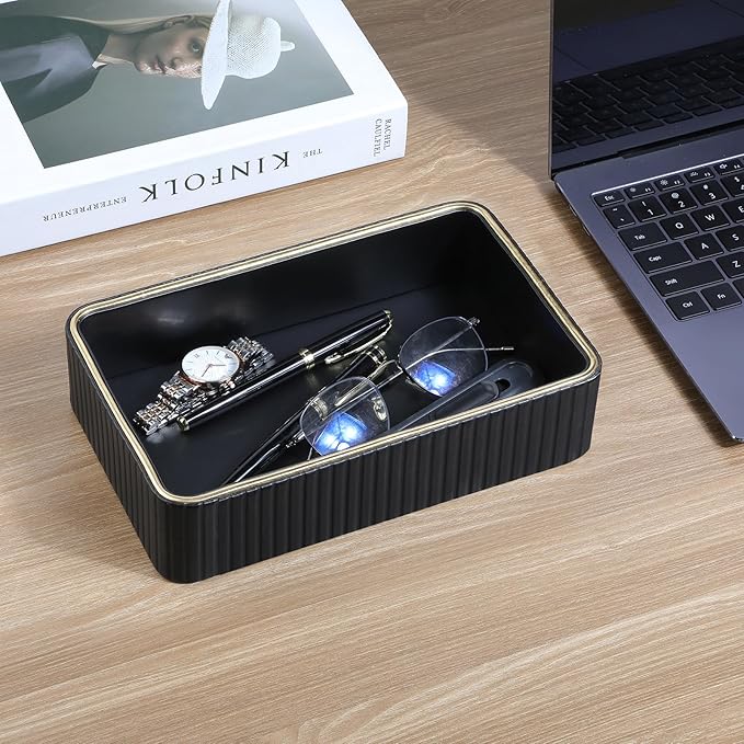 Desk Organizer Tray, PU Leather Nightstand Organizer Perfume Valet Tray for Men Women, Decorative Vanity Trays Trinket Dish Key Bowl for Entryway Table (Black, Small)