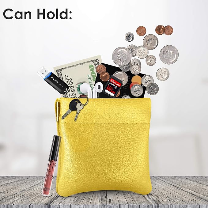 Nabob Leather Genuine Leather Squeeze Coin Purse, Coin Pouch Made IN U.S.A. Change Holder For Men/Woman Size 3.5 X 3.5 (Yellow)