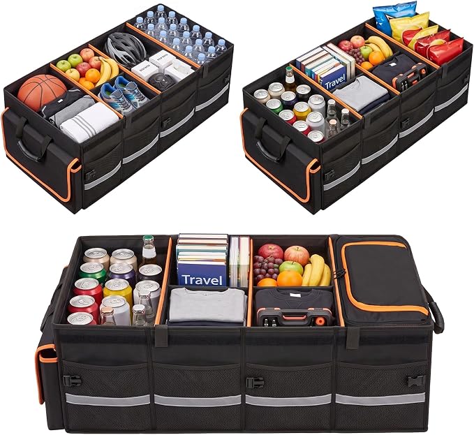 GDNasist Car Trunk Organizer and Storage with Lid & Removable Cooler Bag, Car Accessories 4 Removable Dividers for Custom Space, Collapsible Trunk Organizers Interior for SUV & Sedan, Extra Large