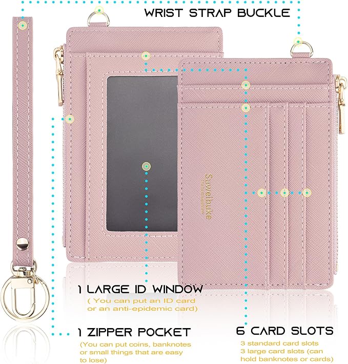 Wikavanli Women Slim Rfid Blocking Credit Card Case Holder Wristlet Zip ID Case Wallet Small Compact Leather Wallet Coin Purse with Keychain (Light Pink)