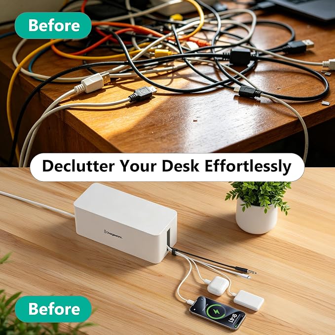 ChargeWorx Cable-Management Box Set, 2 Pack Cord Organizer to Hide Power Strips and Surge Protectors, Desk and Floor Wire Concealer for Home Office, TV Area, White