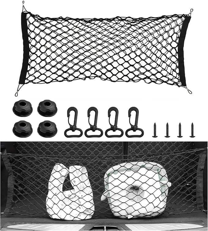 Stretchable Cargo Net, 36.2×15.7 Inch Highly Elastic Auto Trunk Bed Cargo Mesh Organizer with Hooks, Double-Layer Trunk Storage Net Interior Accessories for Car Truck SUV