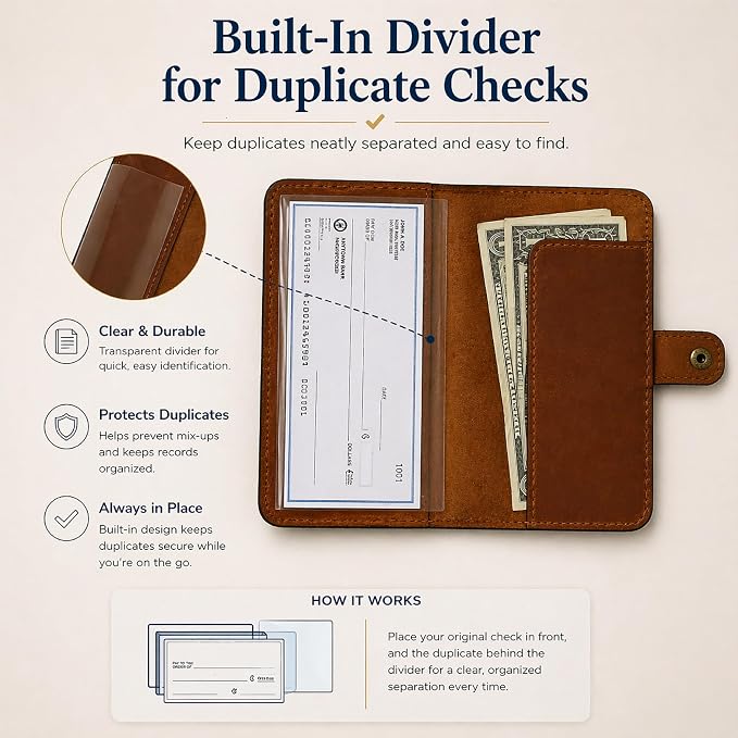 Genuine Tan Leather Checkbook Cover - Handmade Check Holder with Divider & ID Window, Slim Organizer Wallet for Business, Travel & Everyday Use, 3.5 x 7 inch