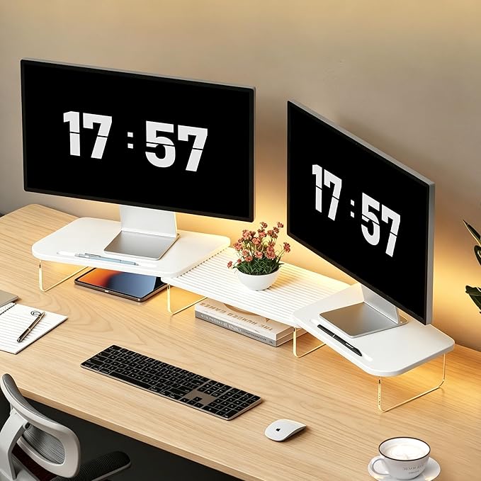 AFOOYO LED Dual Monitor Stand Riser for 2 Monitors,Office Desktop Wooden Stand Adjustable Length and Angle 3 Shelf,Extra Long Multifunctional Stand up to 39.3" for Computer,Laptop,TV,White